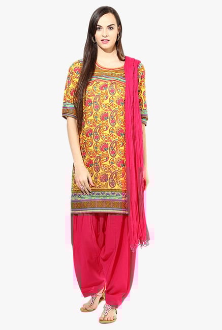Jaipur Kurti Yellow & Pink Paisley Print Cotton Patiala Set Jaipur Kurti Yellow & Pink Paisley Print Cotton Patiala Set