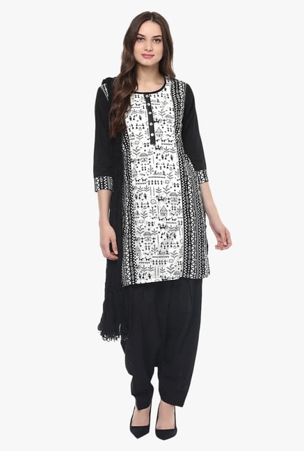 Jaipur Kurti White & Black Printed Cotton Patiala Set Jaipur Kurti White & Black Printed Cotton Patiala Set