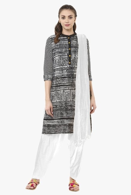 Jaipur Kurti Black & White Printed Cotton Patiala Set Jaipur Kurti Black & White Printed Cotton Patiala Set