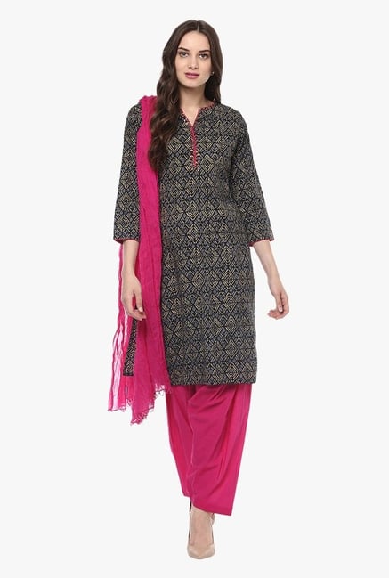 Jaipur Kurti Black & Pink Printed Cotton Patiala Set Jaipur Kurti Black & Pink Printed Cotton Patiala Set