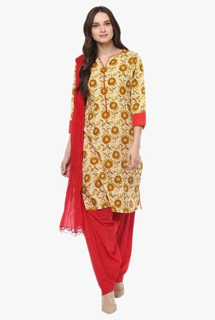 Jaipur Kurti Mustard & Red Printed Cotton Patiala Set Jaipur Kurti Mustard & Red Printed Cotton Patiala Set