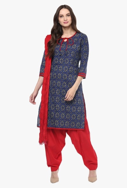 Jaipur Kurti Navy & Red Printed Cotton Patiala Set Jaipur Kurti Navy & Red Printed Cotton Patiala Set