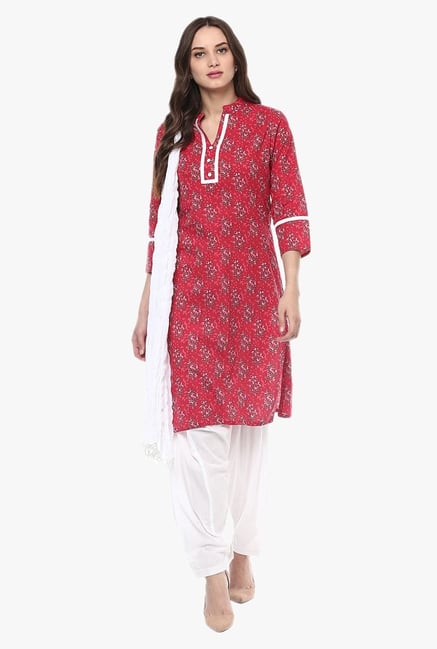 Jaipur Kurti Red & White Floral Print Cotton Patiala Set Jaipur Kurti Red & White Floral Print Cotton Patiala Set