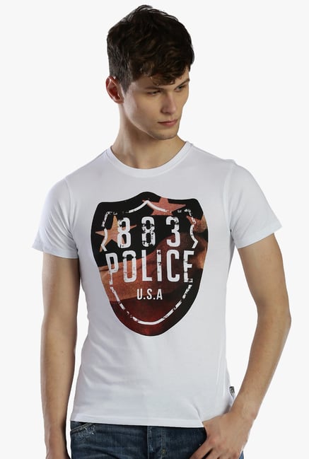 883 Police White Printed Round Neck Cotton T-Shirt 883 Police White Printed Round Neck Cotton T-Shirt