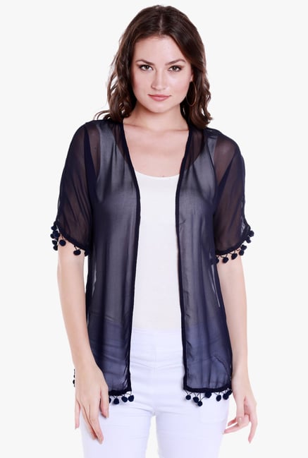 Globus Navy Polyester Pom-Pom Detailed Shrug Globus Navy Polyester Pom-Pom Detailed Shrug