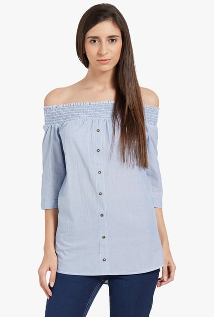 Globus Blue Striped Off Shoulder Top Globus Blue Striped Off Shoulder Top