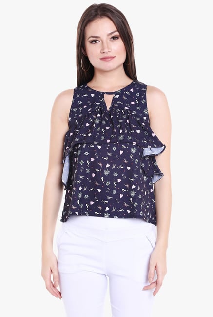 Globus Navy Printed Ruffle Top Globus Navy Printed Ruffle Top