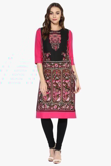 Juniper Pink & Black Printed Polyester Kurta Juniper Pink & Black Printed Polyester Kurta