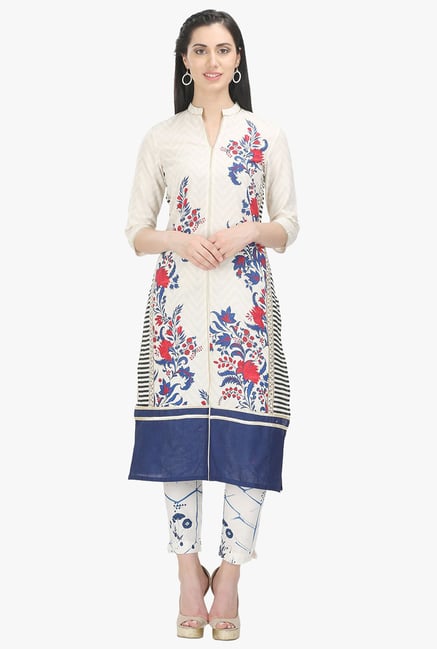 W Off White Floral Print Cotton Straight Kurta W Off White Floral Print Cotton Straight Kurta