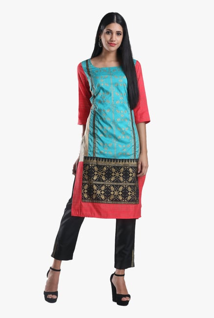 W Coral & Blue Printed Cotton Kurta W Coral & Blue Printed Cotton Kurta