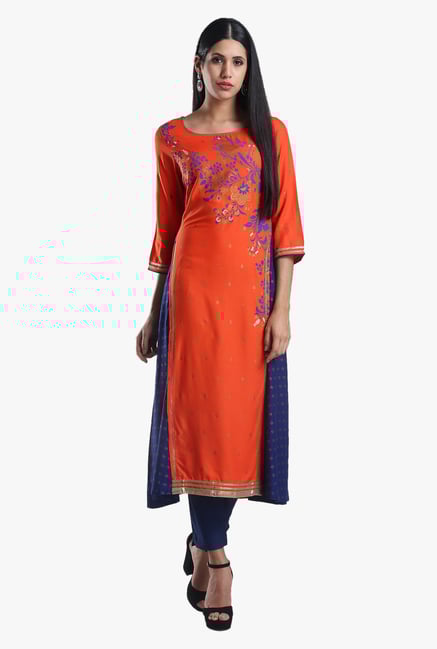 W Orange Floral Print Viscose Kurta W Orange Floral Print Viscose Kurta