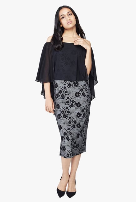 AND Black & Grey Floral Print Below Knee Dress AND Black & Grey Floral Print Below Knee Dress