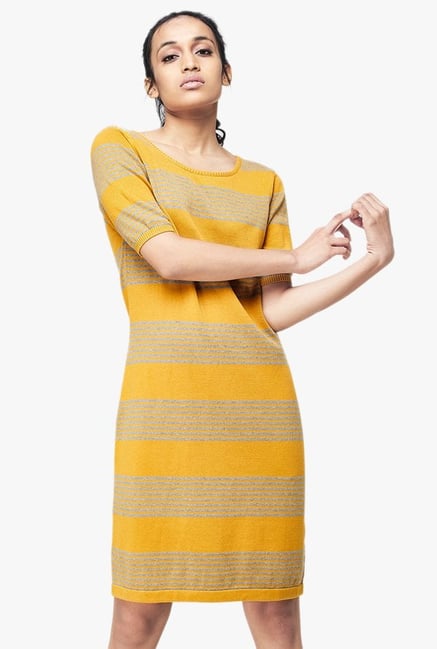 AND Mustard Striped Knee-Length Dress AND Mustard Striped Knee-Length Dress