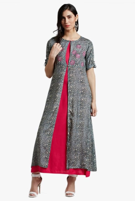 Jaipur Kurti Grey & Pink Floral Print Shrug & Inner Jaipur Kurti Grey & Pink Floral Print Shrug & Inner