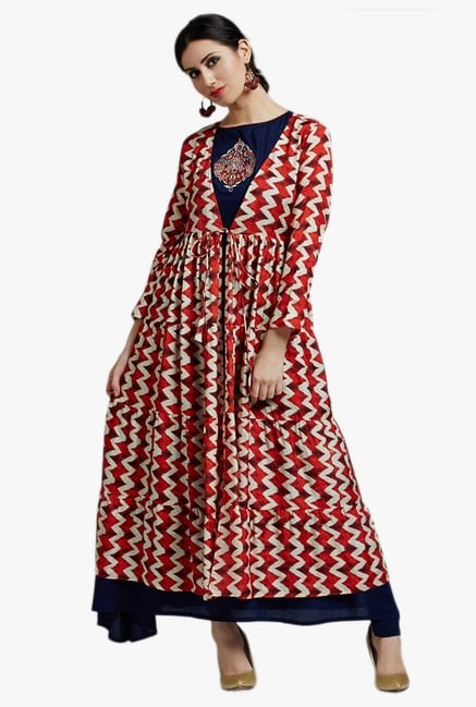 Jaipur Kurti Red & Blue Embroidered Shrug & Inner Jaipur Kurti Red & Blue Embroidered Shrug & Inner