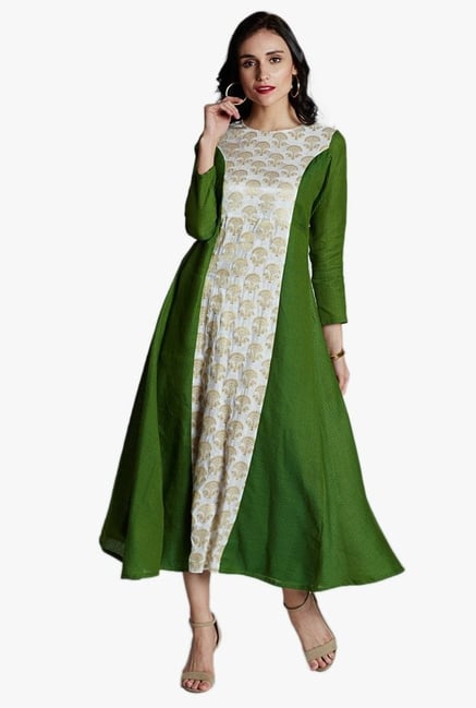 Jaipur Kurti Green & White Printed Midi Dress Jaipur Kurti Green & White Printed Midi Dress