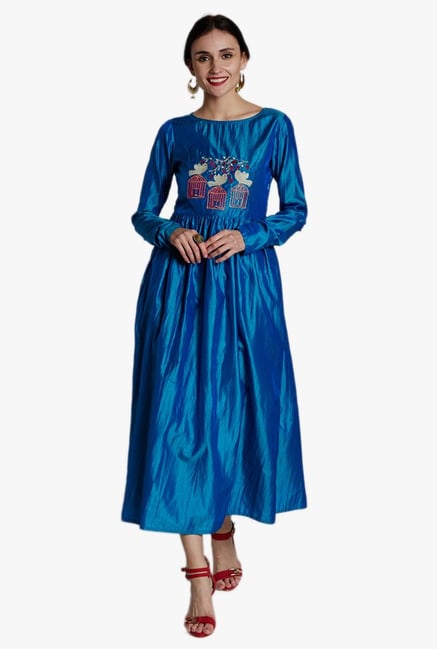 Jaipur Kurti Blue Embroidered Midi Dress Jaipur Kurti Blue Embroidered Midi Dress