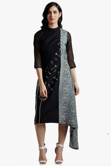 Jaipur Kurti Black Embroidered Below Knee Dress Jaipur Kurti Black Embroidered Below Knee Dress