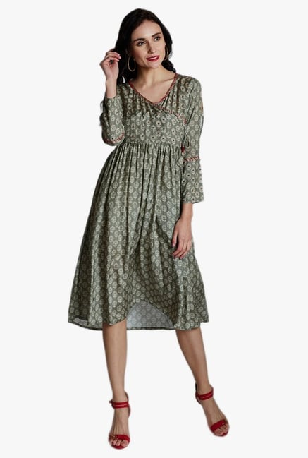Jaipur Kurti Grey Printed Below Knee Dress Jaipur Kurti Grey Printed Below Knee Dress