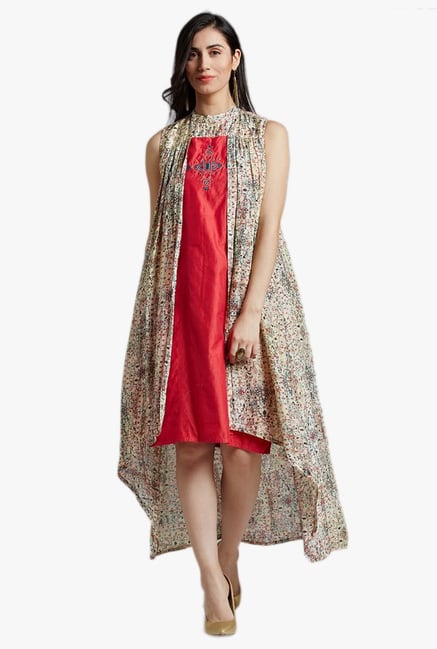 Jaipur Kurti Beige & Red Embroidered Knee Length Dress Jaipur Kurti Beige & Red Embroidered Knee Length Dress