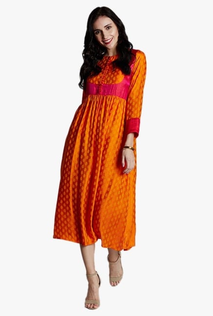 Jaipur Kurti Orange Printed Below Knee Dress Jaipur Kurti Orange Printed Below Knee Dress