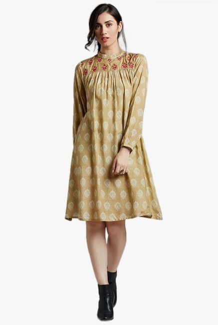 Jaipur Kurti Beige Printed Knee Length Dress Jaipur Kurti Beige Printed Knee Length Dress