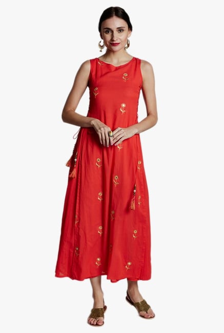 Jaipur Kurti Coral Embroidered Midi Dress Jaipur Kurti Coral Embroidered Midi Dress