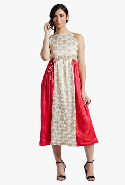 Jaipur Kurti White & Pink Printed Midi Dress Jaipur Kurti White & Pink Printed Midi Dress