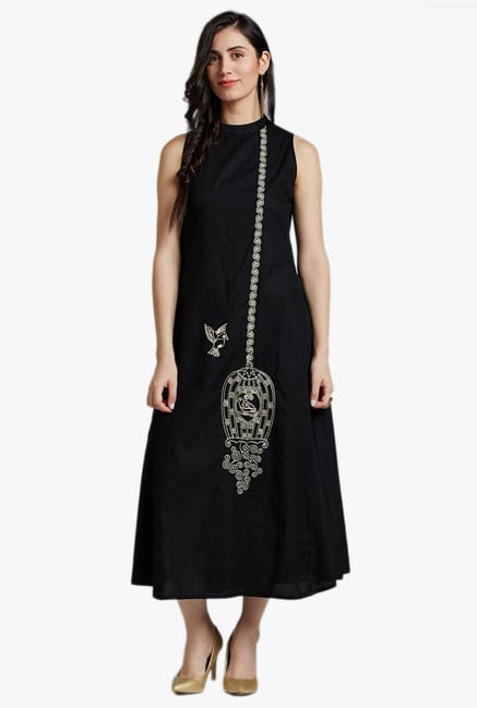 Jaipur Kurti Black Embroidered Midi Dress Jaipur Kurti Black Embroidered Midi Dress