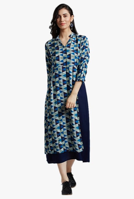 Jaipur Kurti Navy Geometric Print Midi Dress Jaipur Kurti Navy Geometric Print Midi Dress