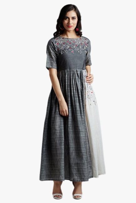 Jaipur Kurti Grey Embroidered Maxi Dress Jaipur Kurti Grey Embroidered Maxi Dress