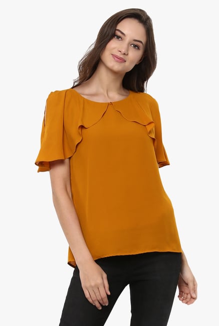 Pannkh Mustard Polyester Cape Breeze Top Pannkh Mustard Polyester Cape Breeze Top