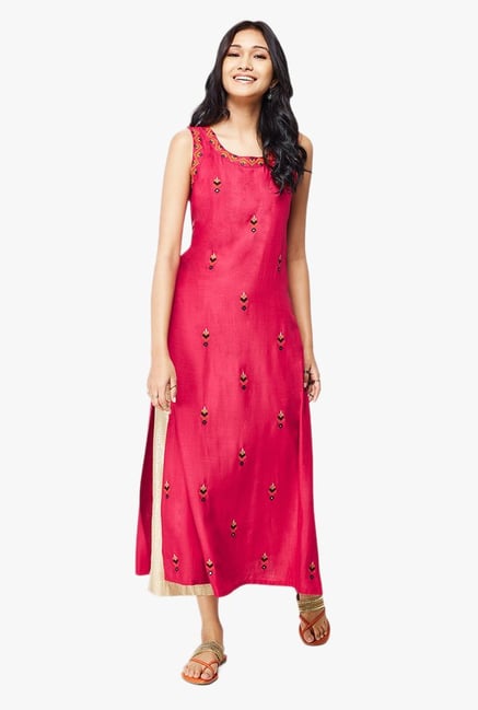 Global Desi Pink Embroidered Viscose Kurta With Mirror Work Global Desi Pink Embroidered Viscose Kurta With Mirror Work