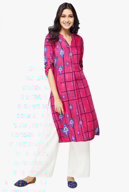 Global Desi Hot Pink Printed Viscose Kurta Global Desi Hot Pink Printed Viscose Kurta