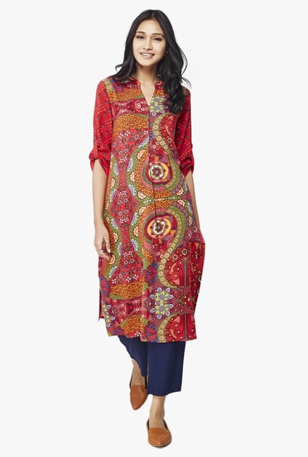 Global Desi Red Printed Viscose Kurta Global Desi Red Printed Viscose Kurta