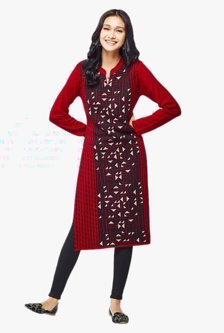 Global Desi Red Printed Acrylic Kurta Global Desi Red Printed Acrylic Kurta