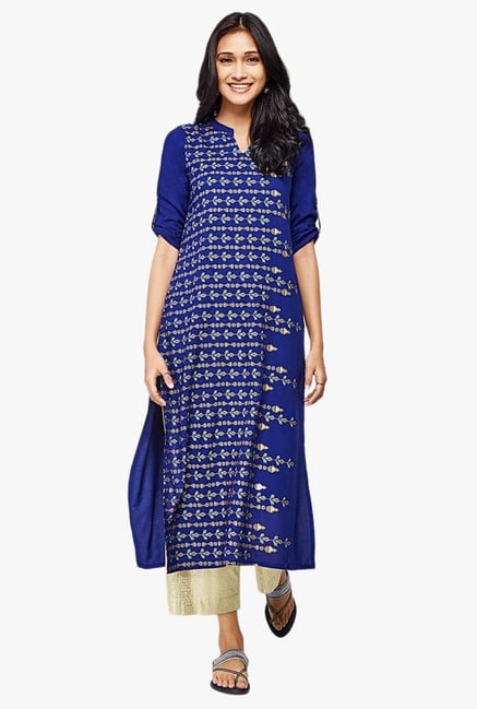 Global Desi Ink Blue Printed Viscose Kurta Global Desi Ink Blue Printed Viscose Kurta