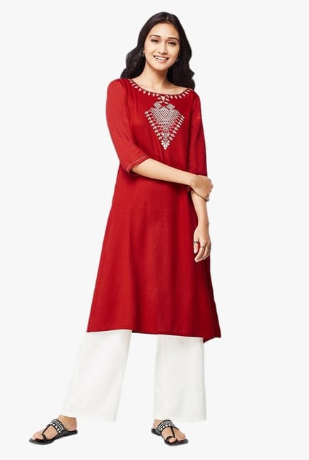 Global Desi Red Embroidered Cotton Kurta Global Desi Red Embroidered Cotton Kurta