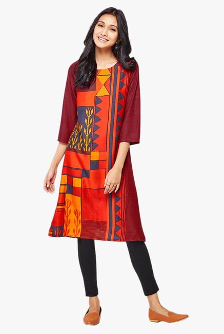 Global Desi Orange Printed Viscose Kurta Global Desi Orange Printed Viscose Kurta