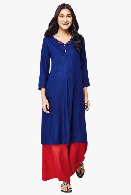 Global Desi Blue Solid Viscose Kurta Global Desi Blue Solid Viscose Kurta
