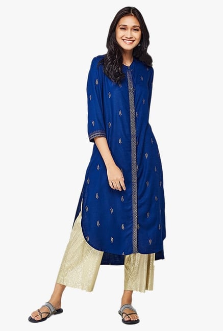 Global Desi Ink Blue Printed Viscose High Low Kurta Global Desi Ink Blue Printed Viscose High Low Kurta