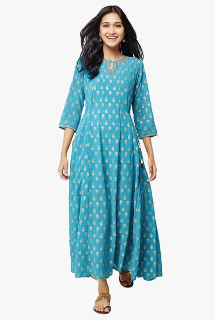 Global Desi Aqua Printed Polyester Tabrad Kurta Global Desi Aqua Printed Polyester Tabrad Kurta