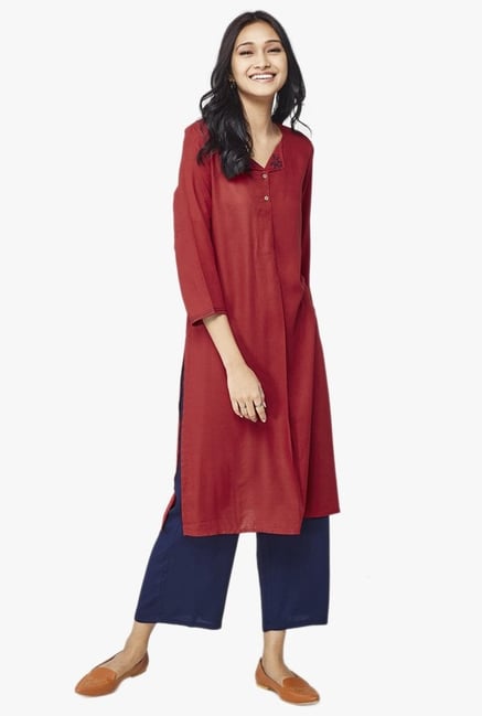 Global Desi Red Solid Viscose Kurta Global Desi Red Solid Viscose Kurta