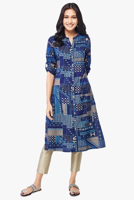 Global Desi Ink Blue Printed Polyester Kurta Global Desi Ink Blue Printed Polyester Kurta