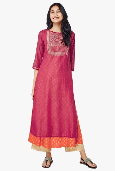 Global Desi Pink Printed Layered Kurta Global Desi Pink Printed Layered Kurta