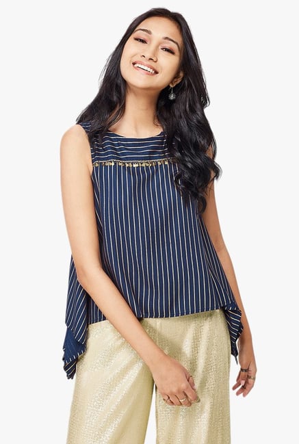 Global Desi Indigo Striped Asymmetric Top Global Desi Indigo Striped Asymmetric Top