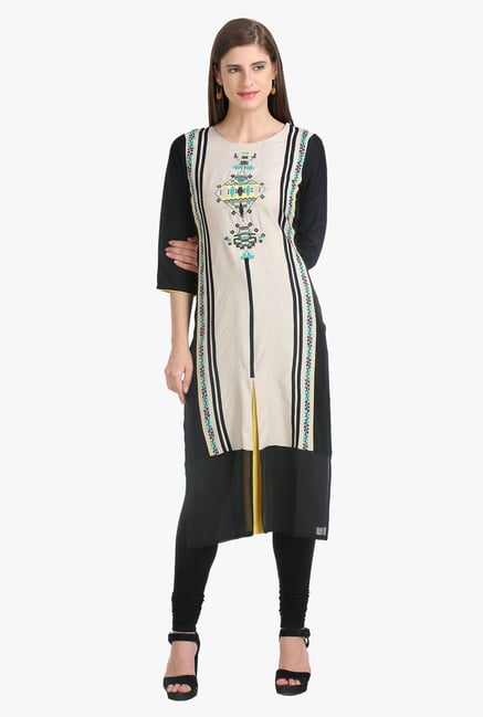 W Beige & Black Printed Rayon Kurta W Beige & Black Printed Rayon Kurta