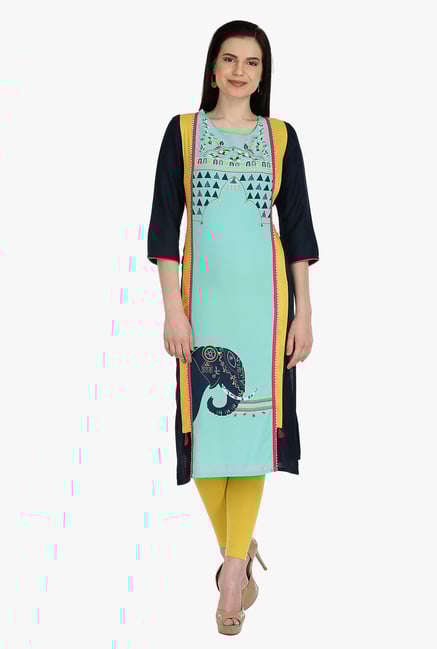 W Green & Navy Printed Rayon Kurta W Green & Navy Printed Rayon Kurta