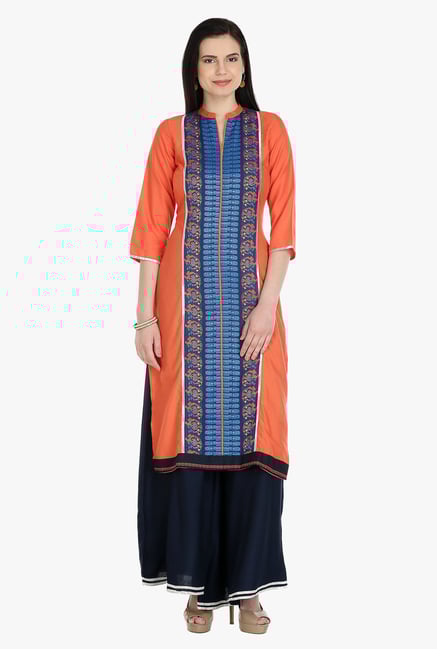 W Orange Printed Rayon Kurta W Orange Printed Rayon Kurta