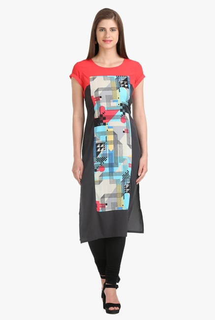 W Dark Grey & Red Printed Polyester Kurta W Dark Grey & Red Printed Polyester Kurta
